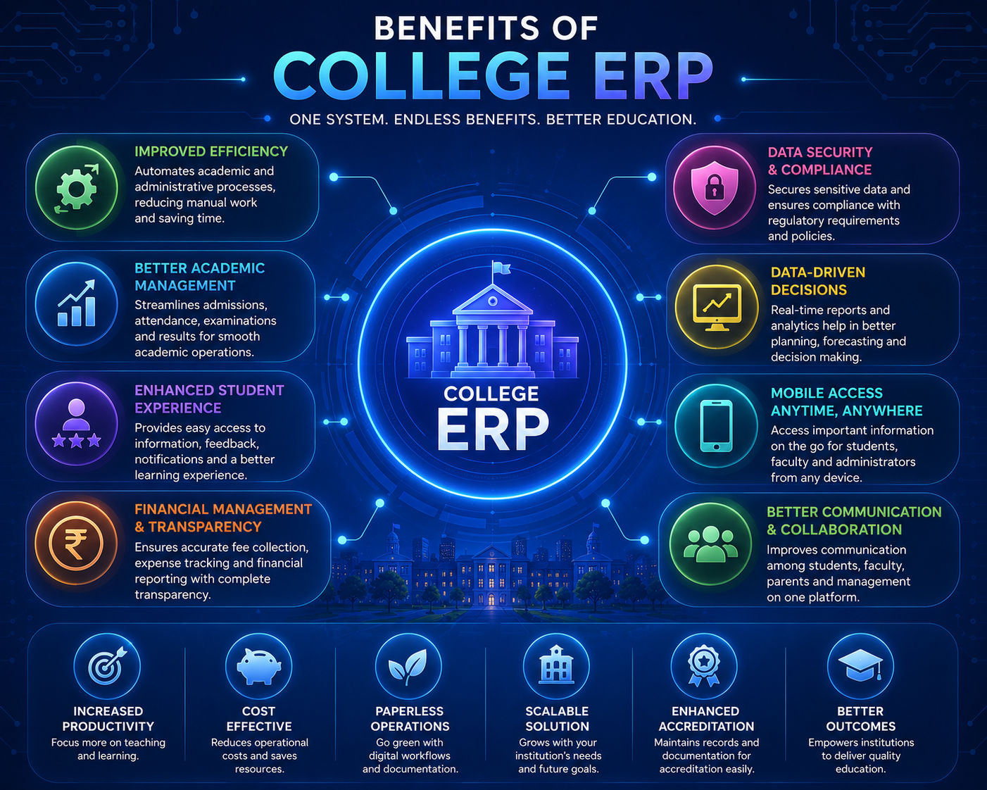 College ERP overview dashboard showing connected operations